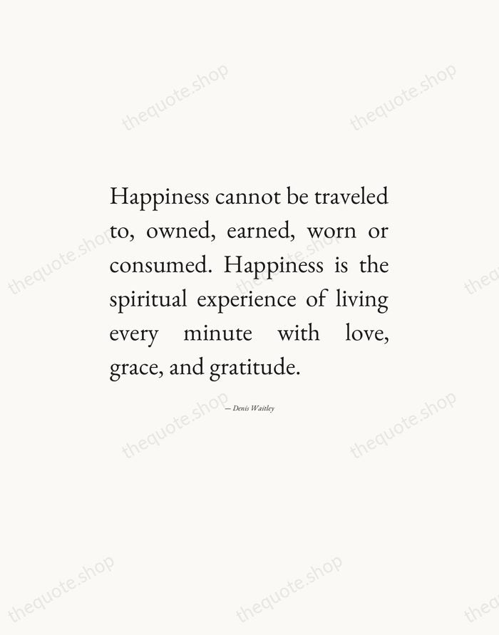 Happiness cannot be traveled to, owned, earned, worn or consumed. Happiness is… — Denis Waitley — Editorial Justified
