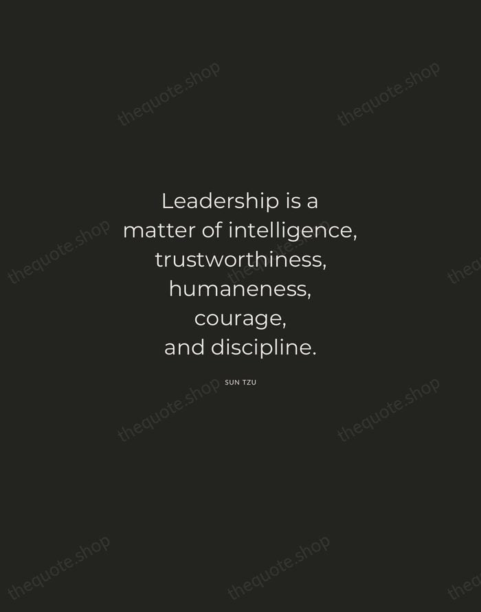 Leadership is a matter of intelligence, trustworthiness, humaneness, courage, and discipline. — Sun Tzu — Charcoal Sans