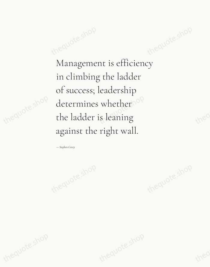 Management is efficiency in climbing the ladder of success; leadership determines whether… — Stephen Covey — Editorial Left Serif