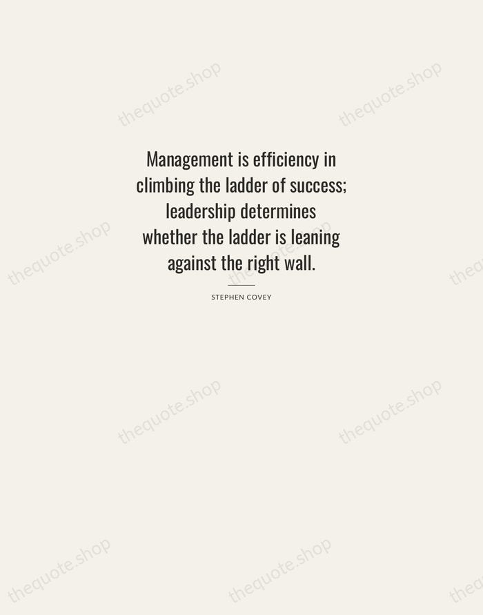Management is efficiency in climbing the ladder of success; leadership determines whether… — Stephen Covey — Letterpress Caps