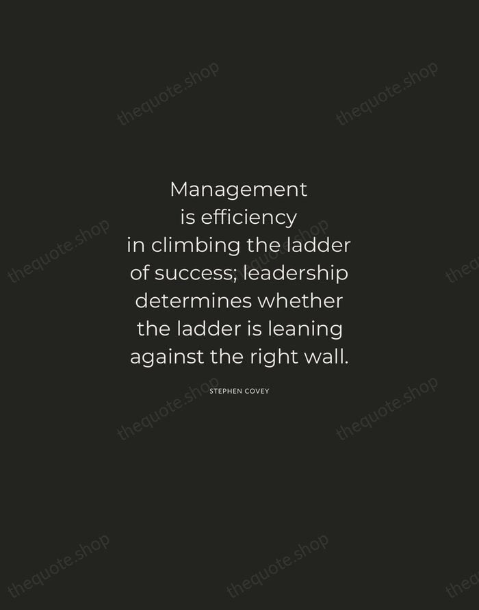 Management is efficiency in climbing the ladder of success; leadership determines whether… — Stephen Covey — Charcoal Sans