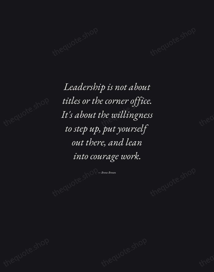 Leadership is not about titles or the corner office. It's about the… — Brene Brown — Manuscript Italic