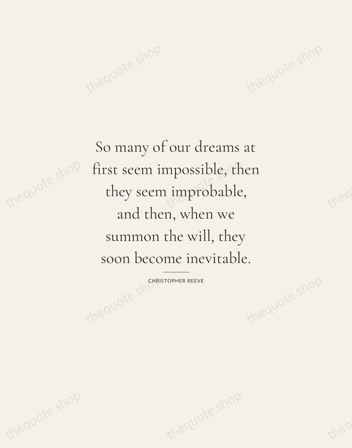So many of our dreams at first seem impossible, then they seem… — Christopher Reeve — Gallery Rule