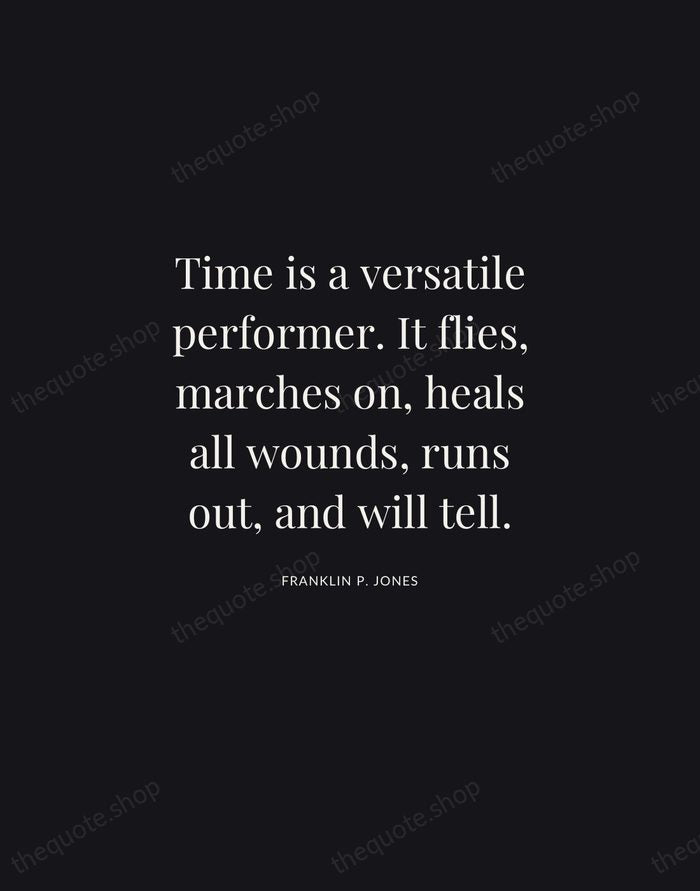 Time is a versatile performer. It flies, marches on, heals all wounds… — Franklin P. Jones | Printable Wall Art — Midnight Serif