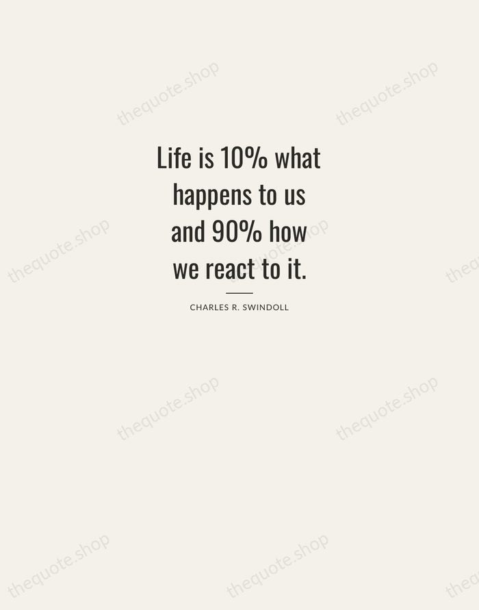 Life is 10% what happens to us and 90% how we react… — Charles R. Swindoll — Letterpress Caps