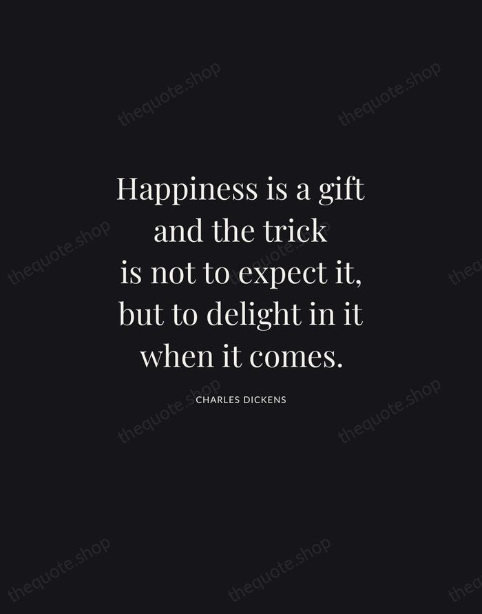 Happiness is a gift and the trick is not to expect it… — Charles Dickens | Printable Wall Art — Midnight Serif