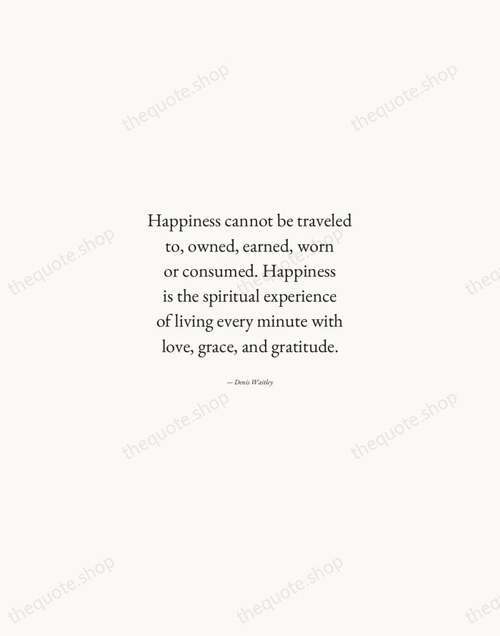 Happiness cannot be traveled to, owned, earned, worn or consumed. Happiness is… — Denis Waitley — Quiet Garamond