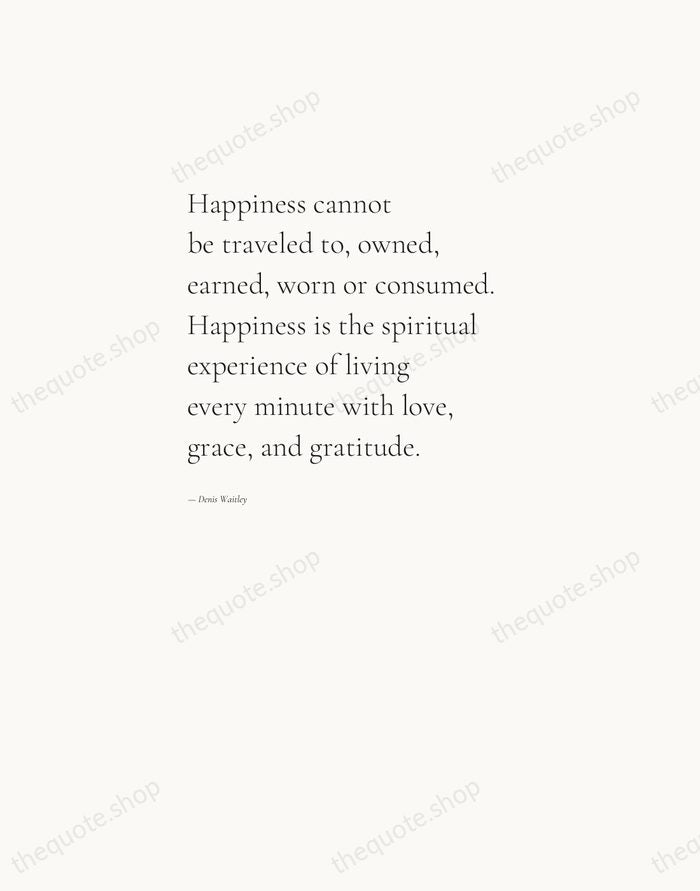Happiness cannot be traveled to, owned, earned, worn or consumed. Happiness is… — Denis Waitley — Editorial Left Serif