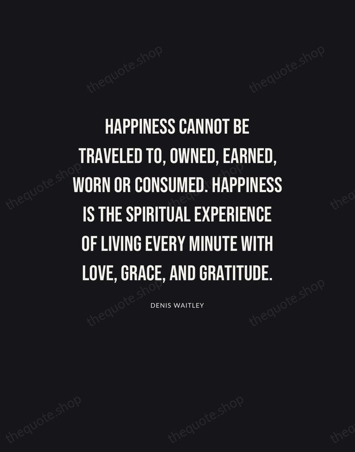Happiness cannot be traveled to, owned, earned, worn or consumed. Happiness is… — Denis Waitley | Printable Wall Art — Poster Condensed