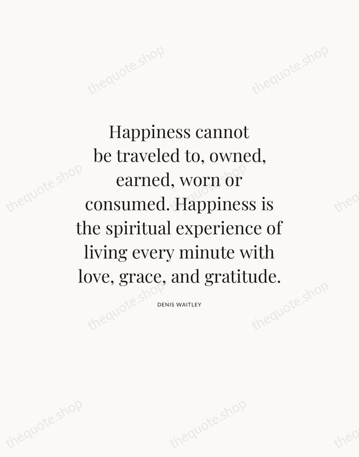 Happiness cannot be traveled to, owned, earned, worn or consumed. Happiness is… — Denis Waitley — Statement Serif