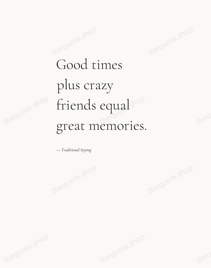 Good times plus crazy friends equal great memories. — Traditional Saying — Editorial Left Serif