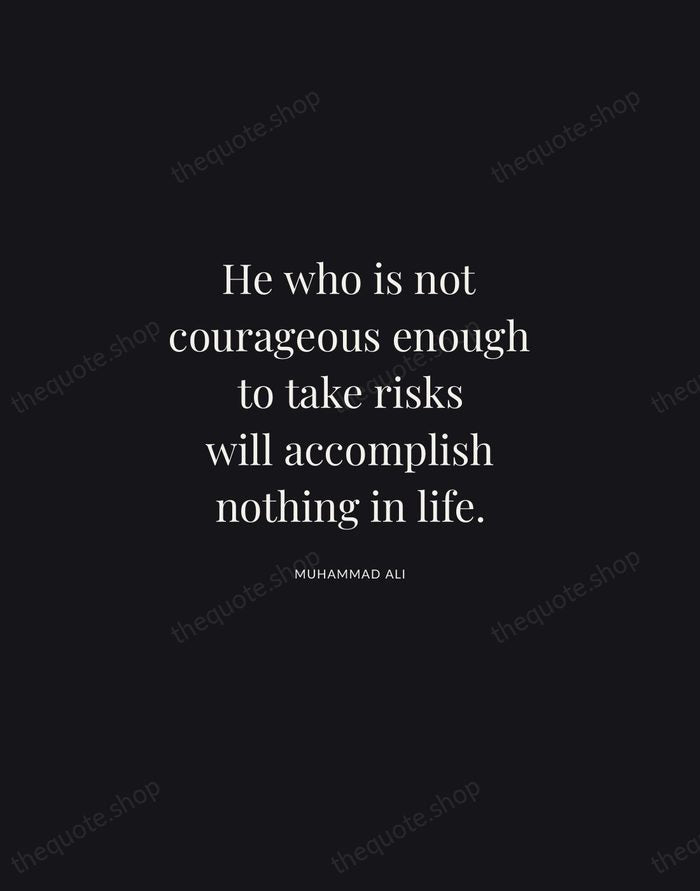 He who is not courageous enough to take risks will accomplish nothing… — Muhammad Ali | Printable Wall Art — Midnight Serif