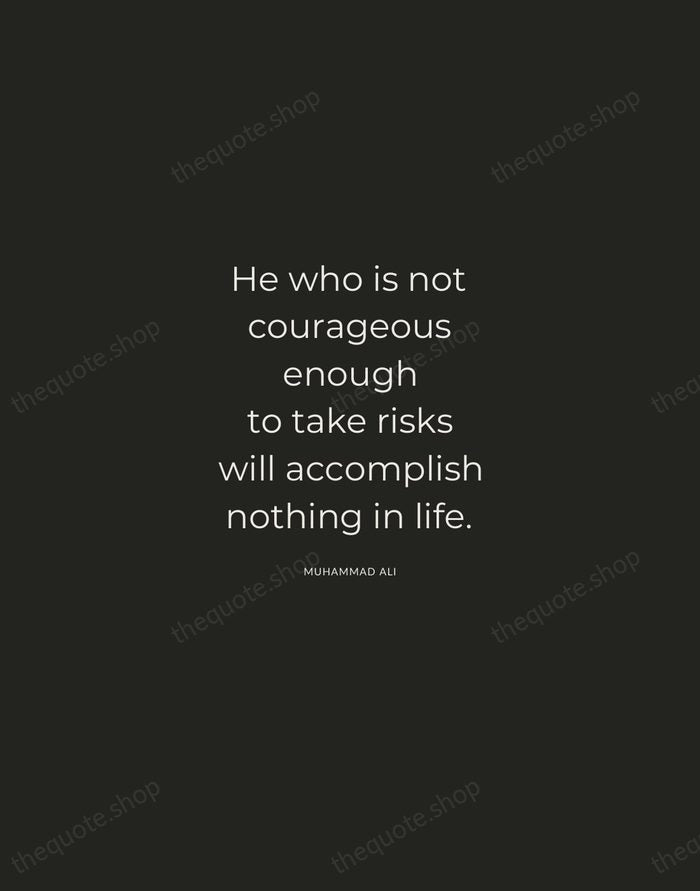 He who is not courageous enough to take risks will accomplish nothing… — Muhammad Ali — Charcoal Sans