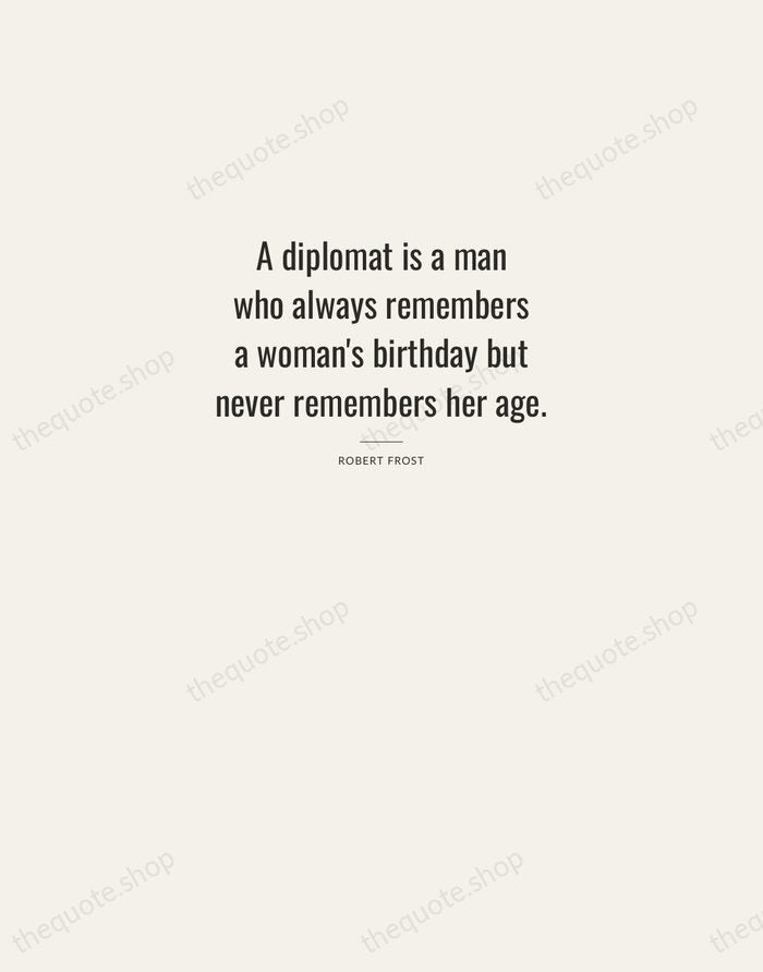 A diplomat is a man who always remembers a woman's birthday but… — Robert Frost — Letterpress Caps