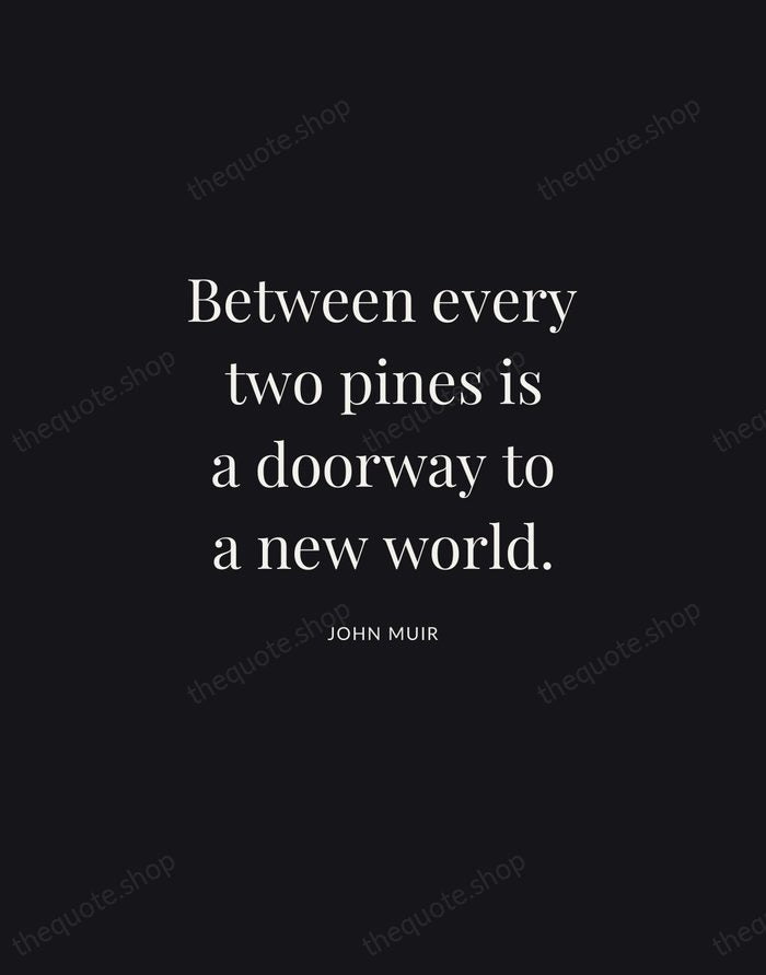 Between every two pines is a doorway to a new world. — John Muir | Printable Wall Art — Midnight Serif