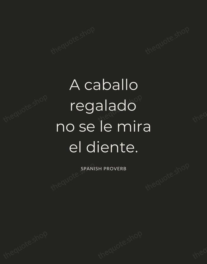 A caballo regalado no se le mira el diente. — Spanish Proverb — Charcoal Sans