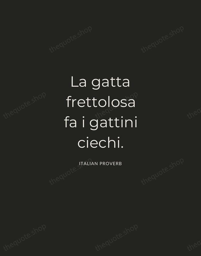 La gatta frettolosa fa i gattini ciechi. — Italian Proverb — Charcoal Sans