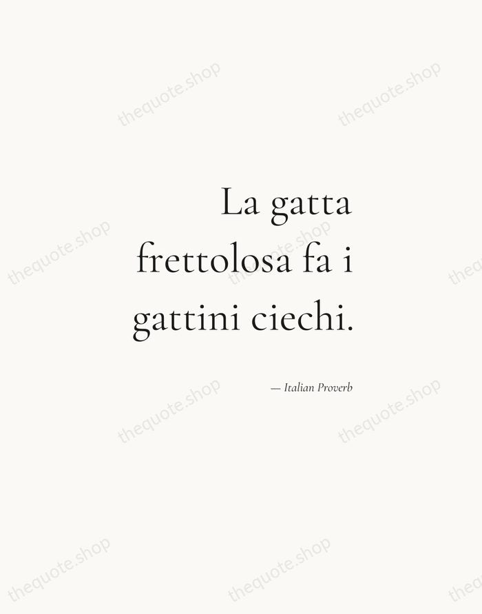 La gatta frettolosa fa i gattini ciechi. — Italian Proverb — Soft Serif Right