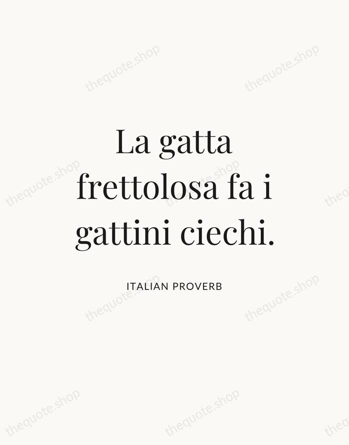 La gatta frettolosa fa i gattini ciechi. — Italian Proverb — Statement Serif