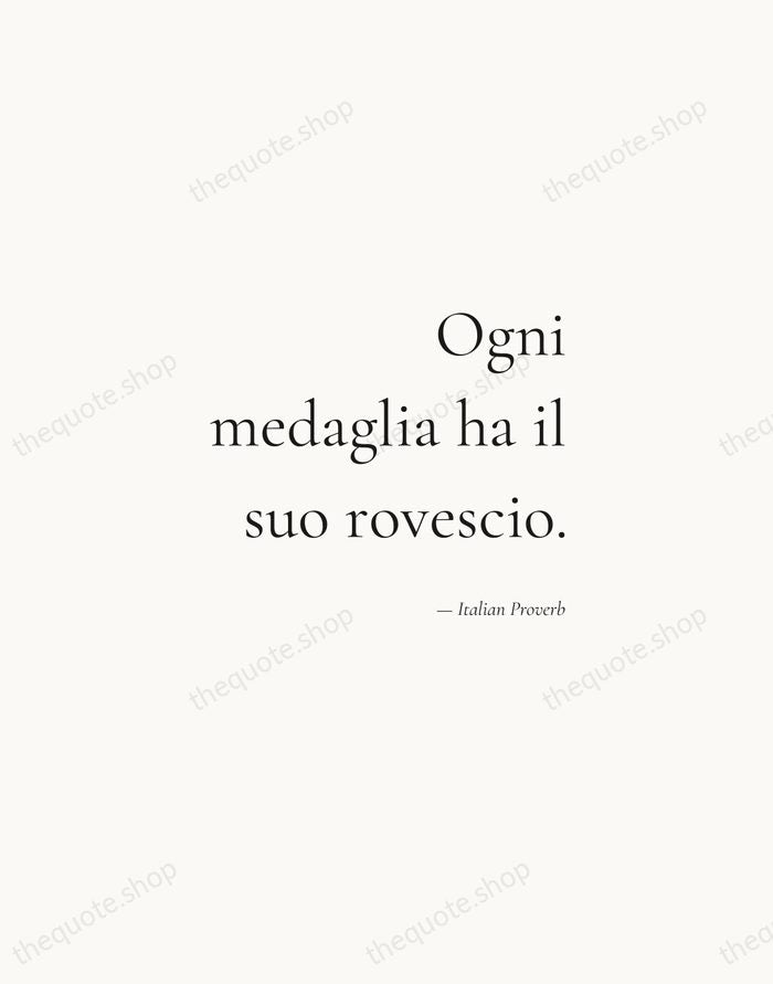 Ogni medaglia ha il suo rovescio. — Italian Proverb — Soft Serif Right